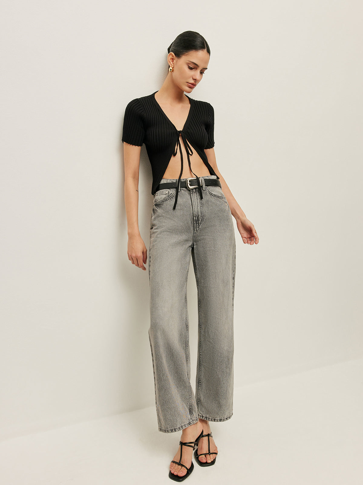 Şık Çizgili Kısa Kollu Üst, Şık Bağlama Önü ile