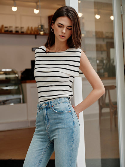 Şık Çizgili Şal Yaka Örgü Üst ile Rahat Tarz