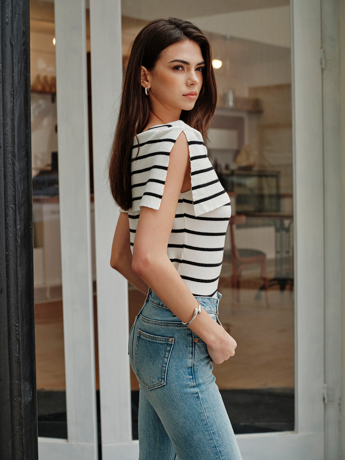 Şık Çizgili Şal Yaka Örgü Üst ile Rahat Tarz