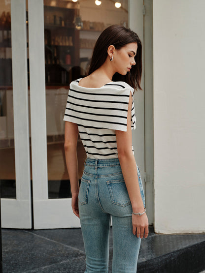 Şık Çizgili Şal Yaka Örgü Üst ile Rahat Tarz