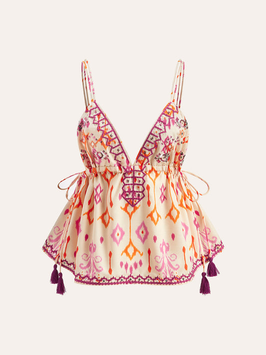 Şık Boho Nakışlı Askılı Bluz, Trendy Kordon Püsküllerle