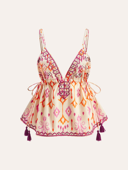 Şık Boho Nakışlı Askılı Bluz, Trendy Kordon Püsküllerle