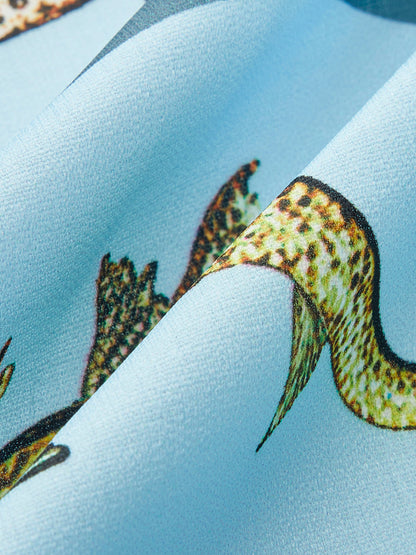 Şık Düğmeli Yaka Aqua Baskılı Gömlek ve Kemer