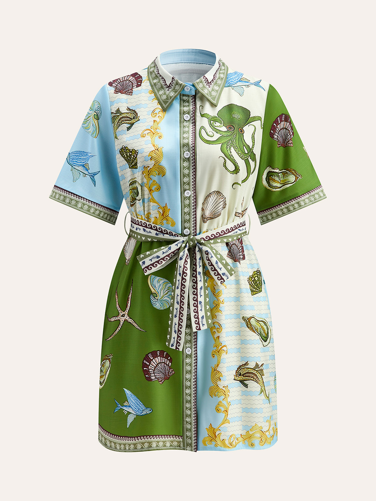 Şık Düğmeli Yaka Aqua Baskılı Gömlek ve Kemer