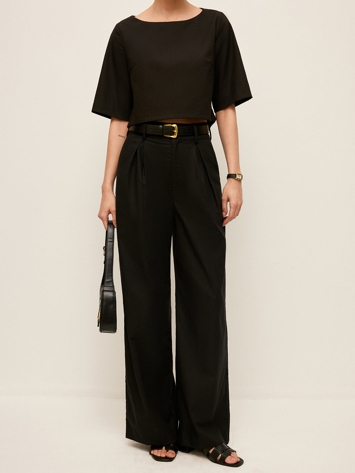 Yüksek Bel Geniş Paça Pantolon Kemerli Cepli Siyah