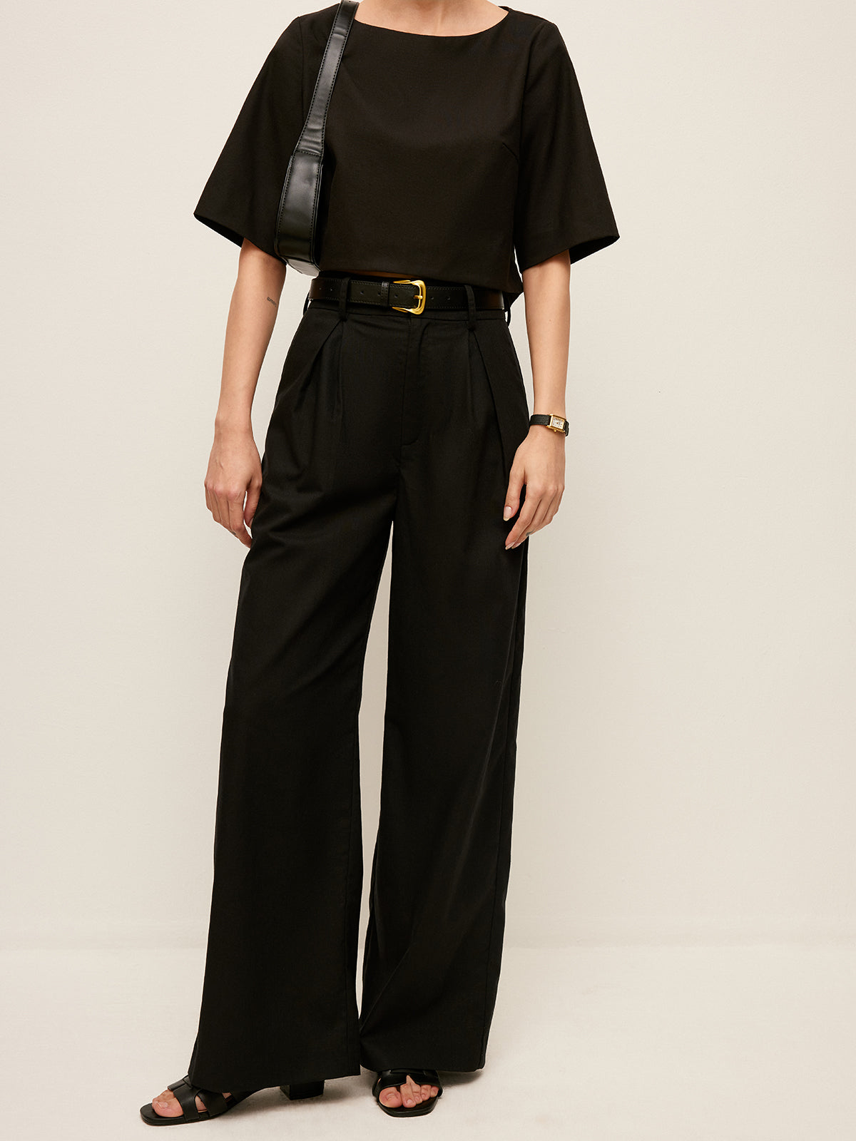 Yüksek Bel Geniş Paça Pantolon Kemerli Cepli Siyah