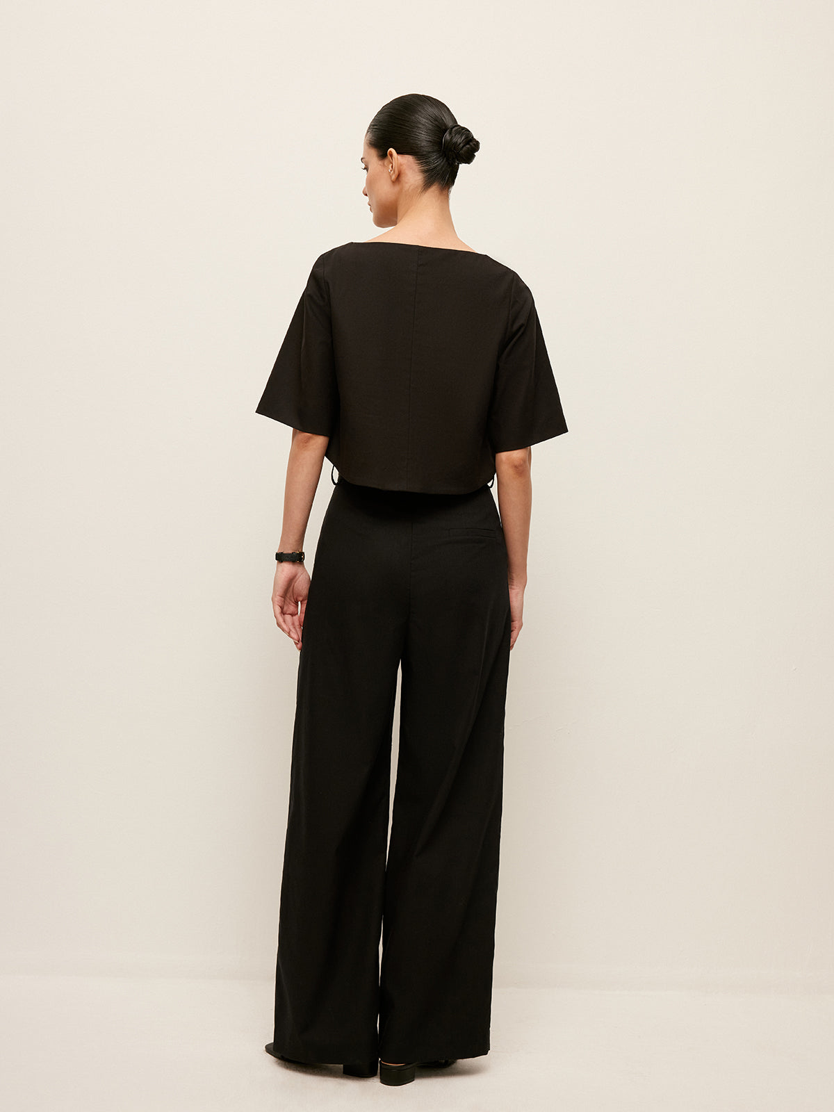 Yüksek Bel Geniş Paça Pantolon Kemerli Cepli Siyah