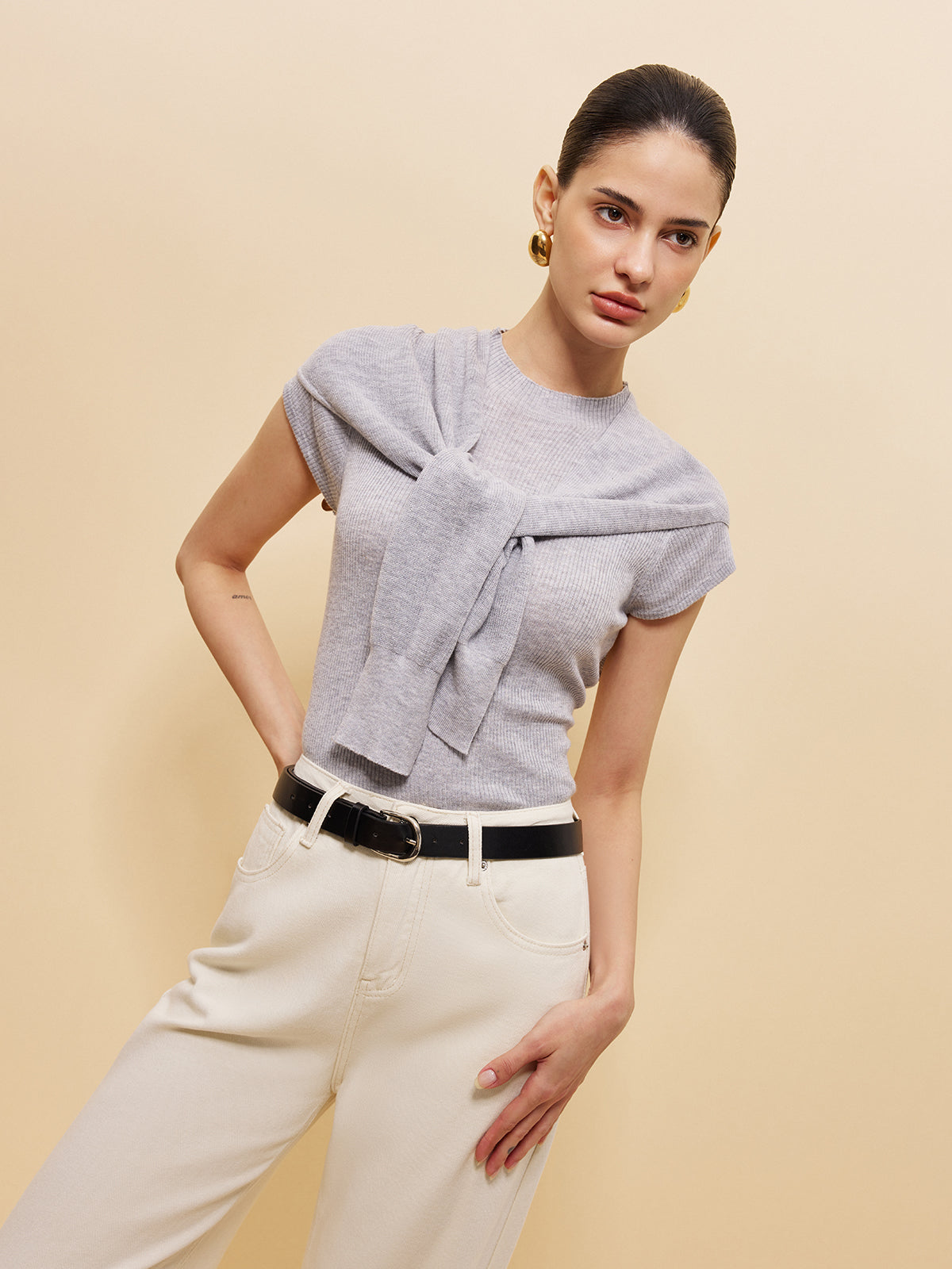 Şık Bağcıklı Şal Detaylı Çizgili Örgü Üst