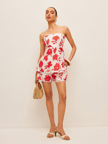 Şık Çiçek Desenli Askısız Üst ve Cepli Şort Takımı