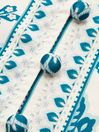 Şık Baskılı Bel Kuşaklı Abiye Elbise Buton Detaylı