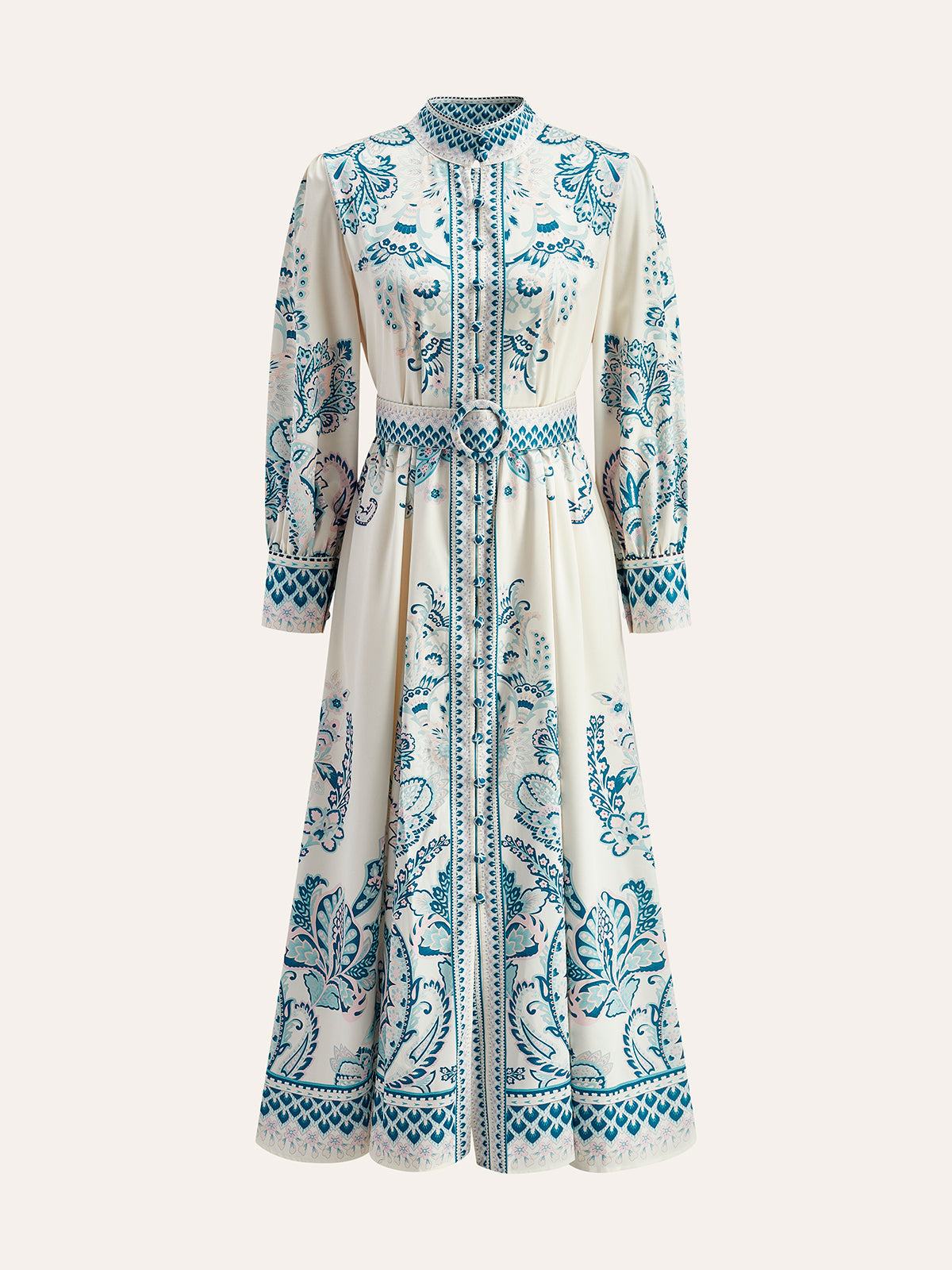 Şık Baskılı Bel Kuşaklı Abiye Elbise Buton Detaylı