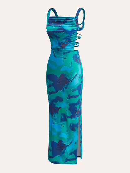 Şık Çapraz Sırt Baskılı Elbise