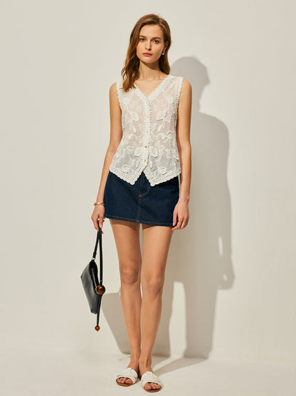 Şık Çiçek Desenli Nakışlı Pamuk Yelek