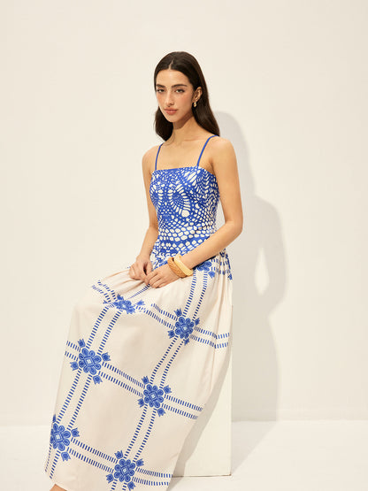 Şık Ayarlanabilir Spagetti Askılı Fermuarlı Elbise, Dikkat Çekici Desenli