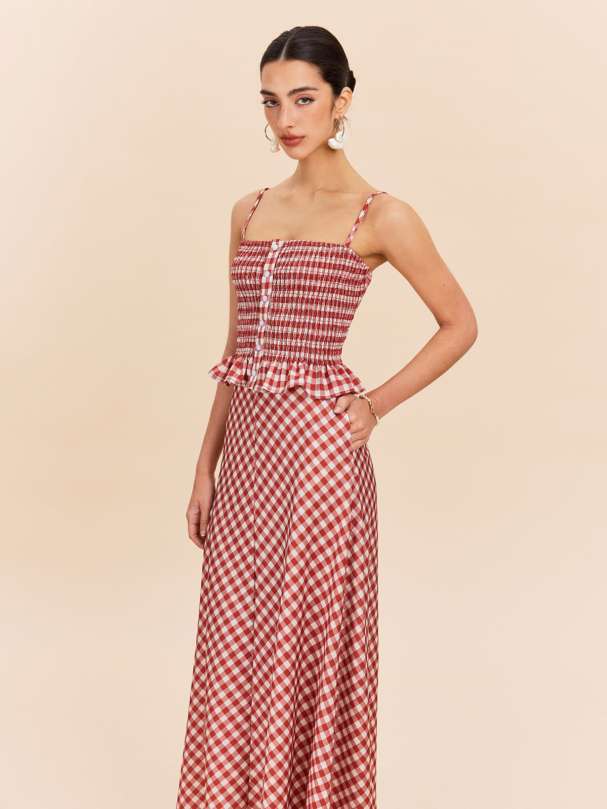 Kareli Cepli Maxi Etek Kırmızı Vintage Tarzı