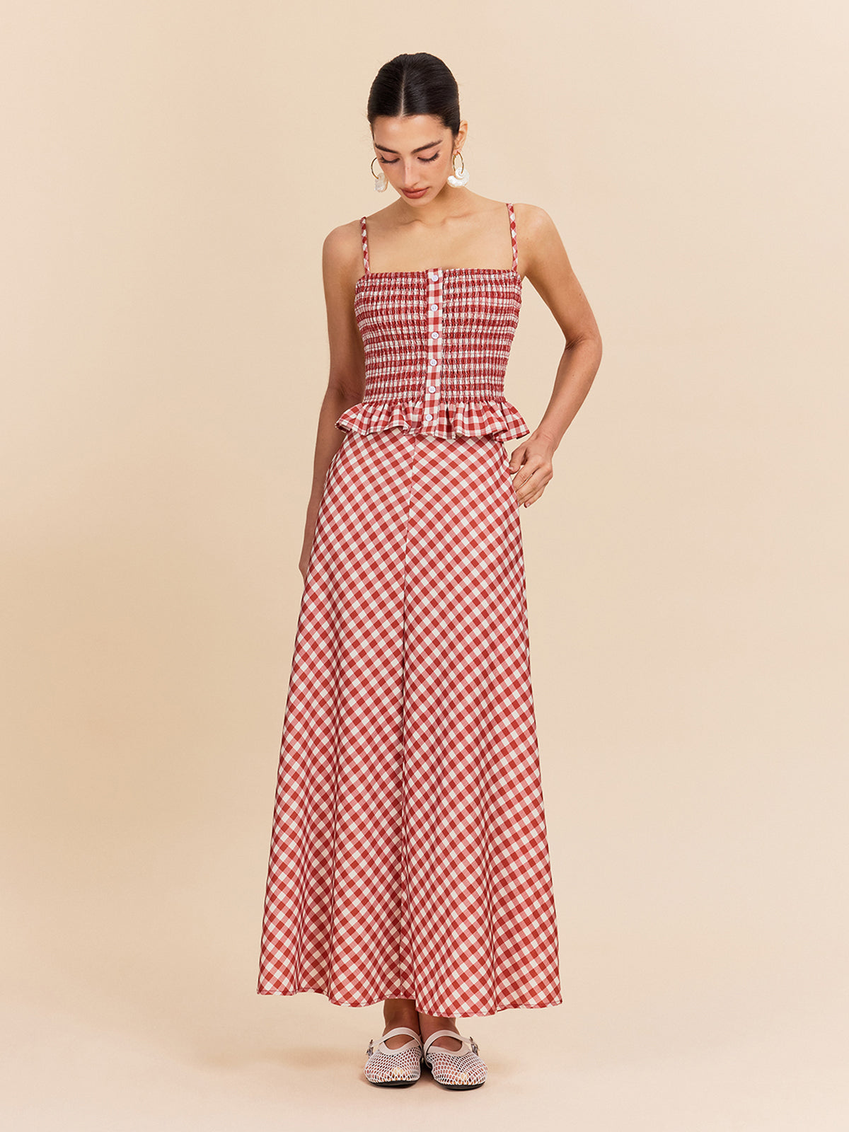 Kareli Cepli Maxi Etek Kırmızı Vintage Tarzı