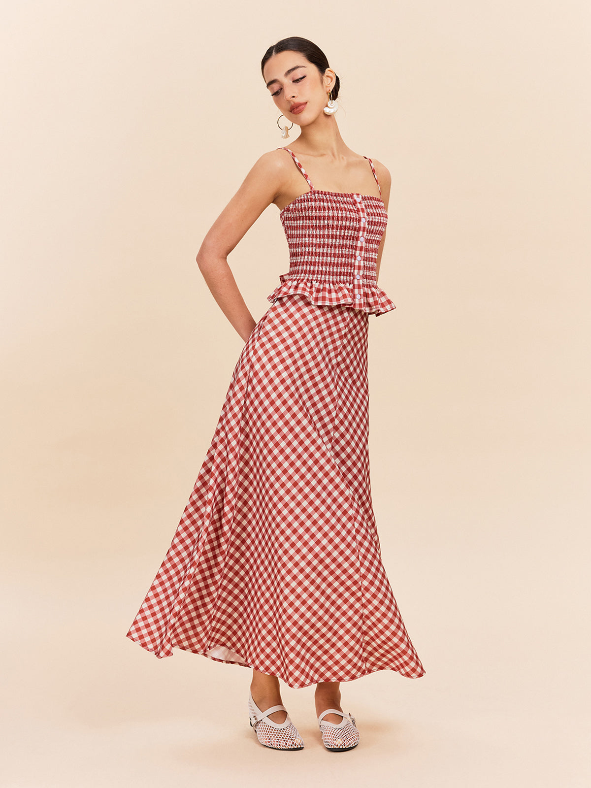 Kareli Cepli Maxi Etek Kırmızı Vintage Tarzı