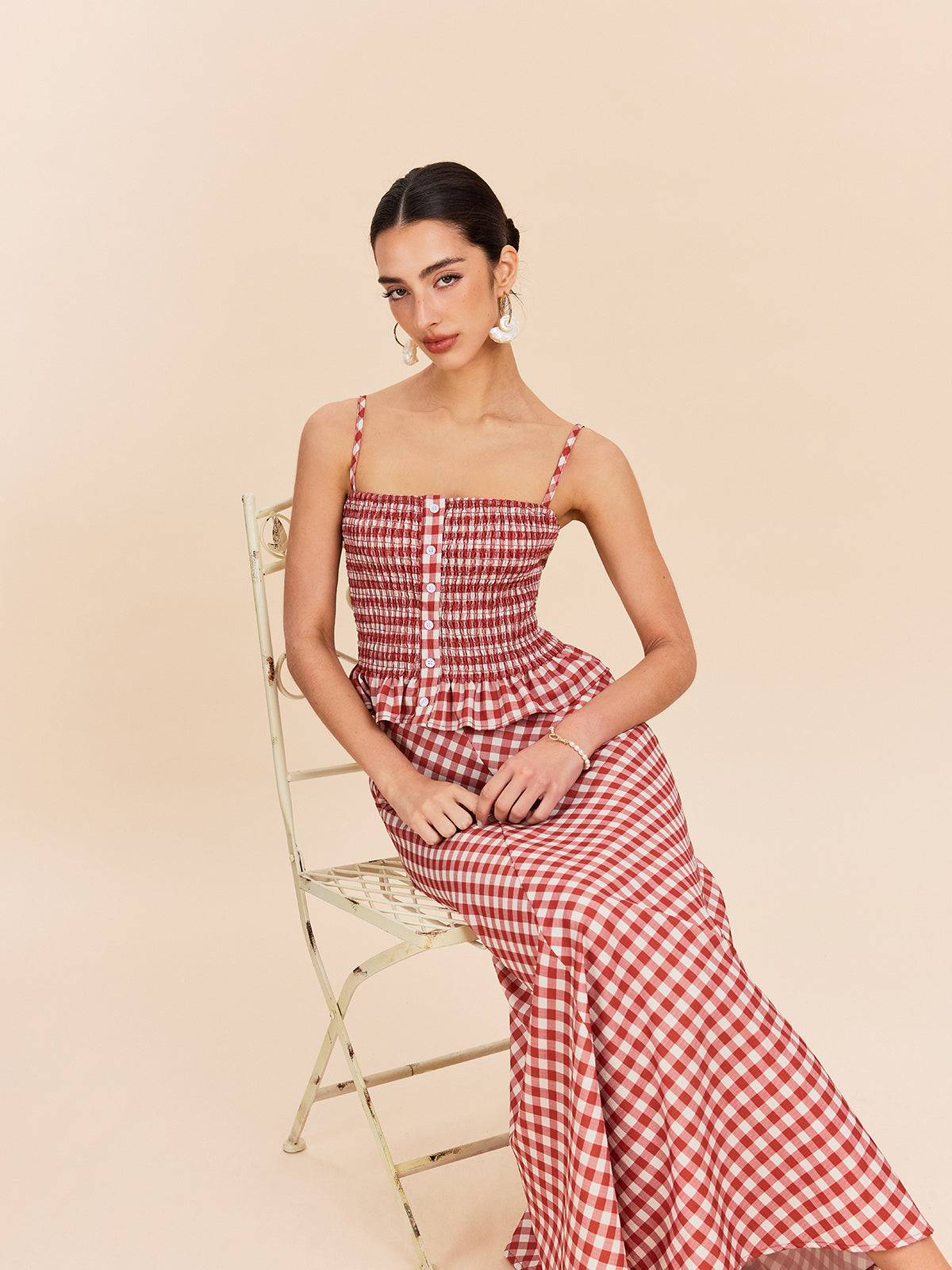 Şık Gingham Büzgülü Peplum Askılı Bluz Kırmızı
