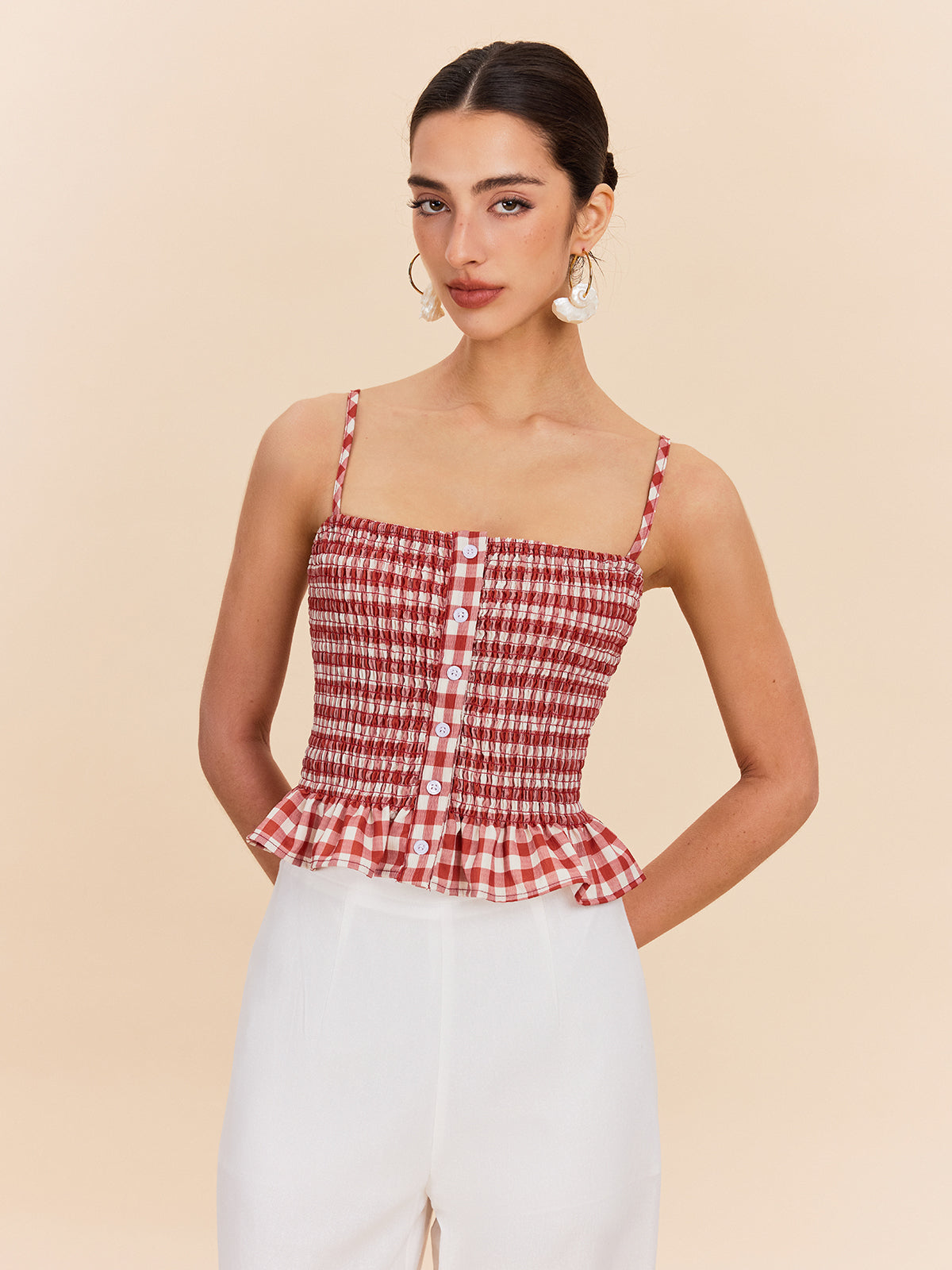 Şık Gingham Büzgülü Peplum Askılı Bluz Kırmızı