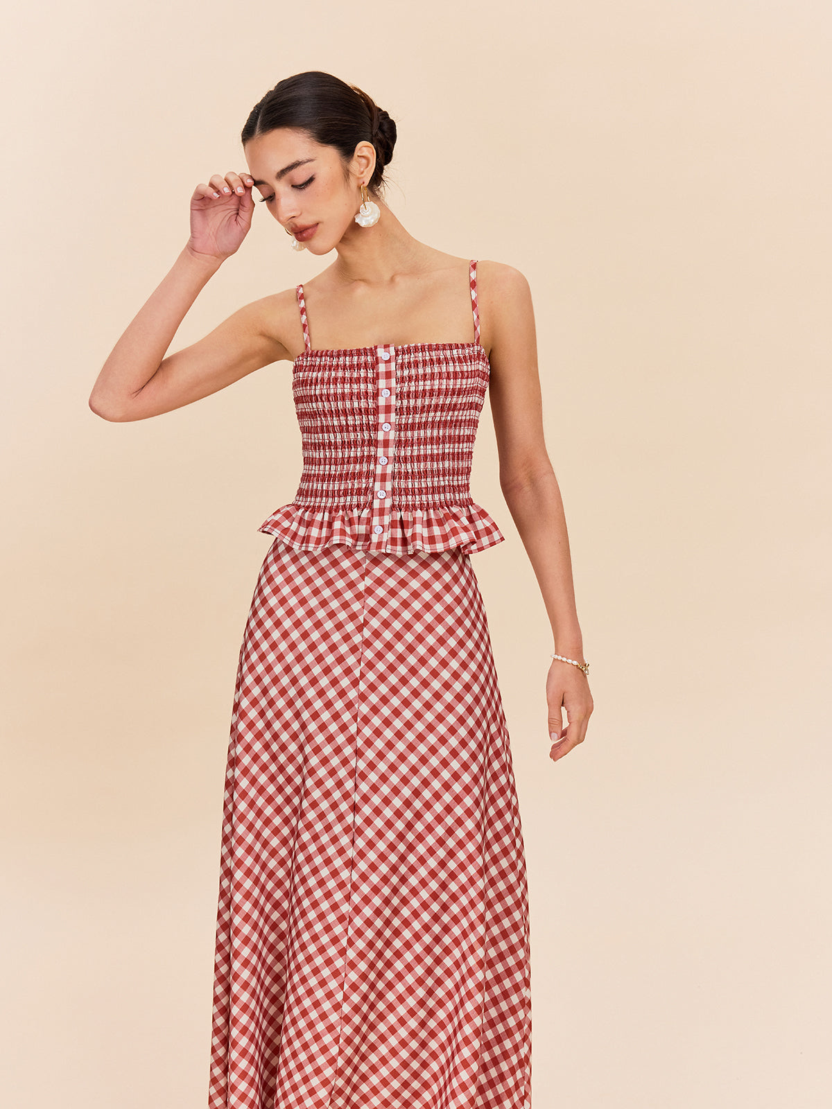 Şık Gingham Büzgülü Peplum Askılı Bluz Kırmızı