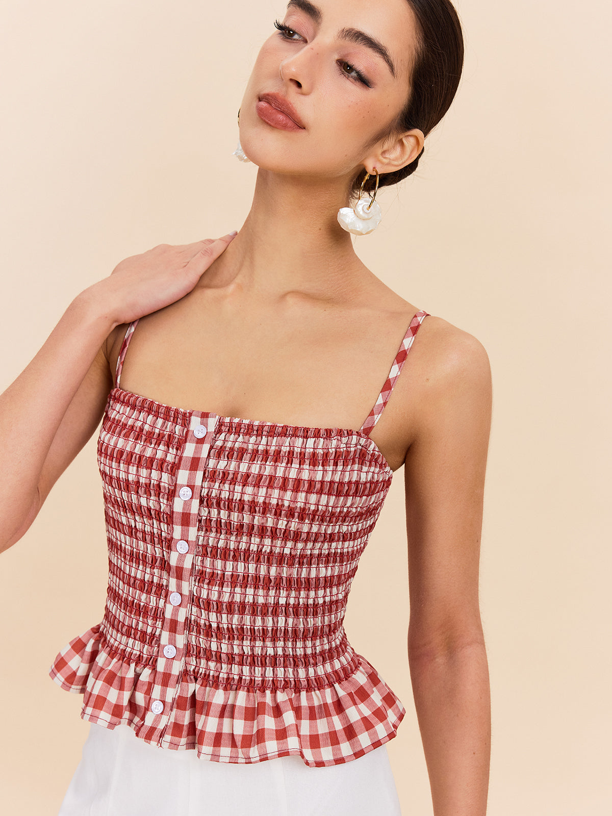 Şık Gingham Büzgülü Peplum Askılı Bluz Kırmızı