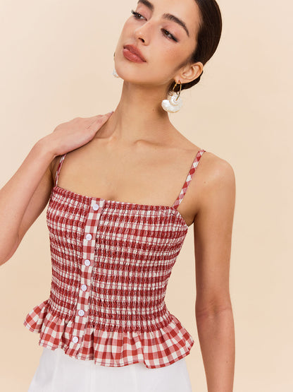 Şık Gingham Büzgülü Peplum Askılı Bluz