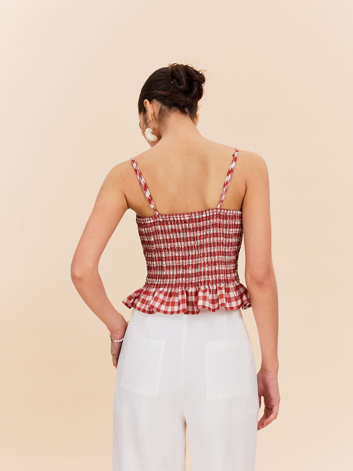 Şık Gingham Büzgülü Peplum Askılı Bluz