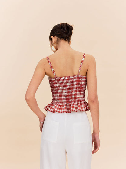 Şık Gingham Büzgülü Peplum Askılı Bluz