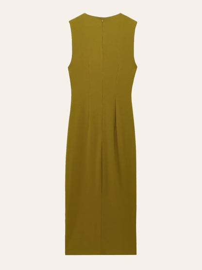 Şık Metal Detaylı Kolsuz Yarık Açık Abiye Gelinlik, Zarif Kırışık Bel ile