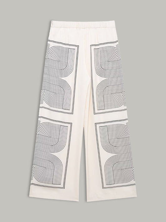 Şık Orta Bel Geniş Paçalı Pantolon, Şık Geometrik Desenli
