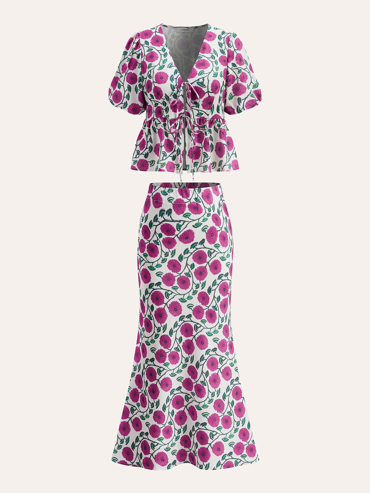 Boho V Yaka Şişme Kol Etek Takımı Pembe Çiçekli