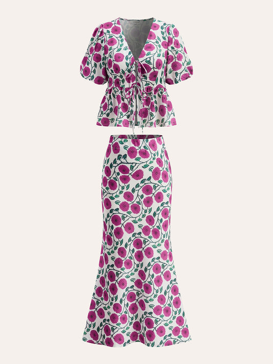 Şık Boho V-Yaka Şişme Kol Etek Takımı, Ayarlı Çekme İpi ile