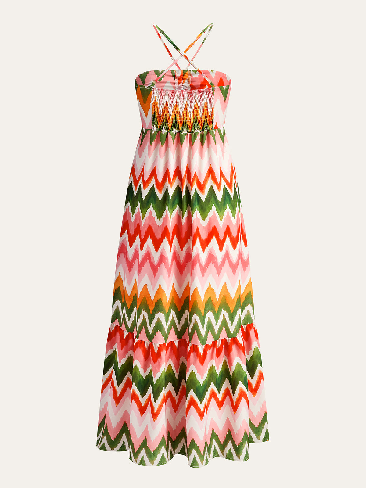 Zigzag Desenli Askılı Maxi Elbise Çok Renkli Büzgülü