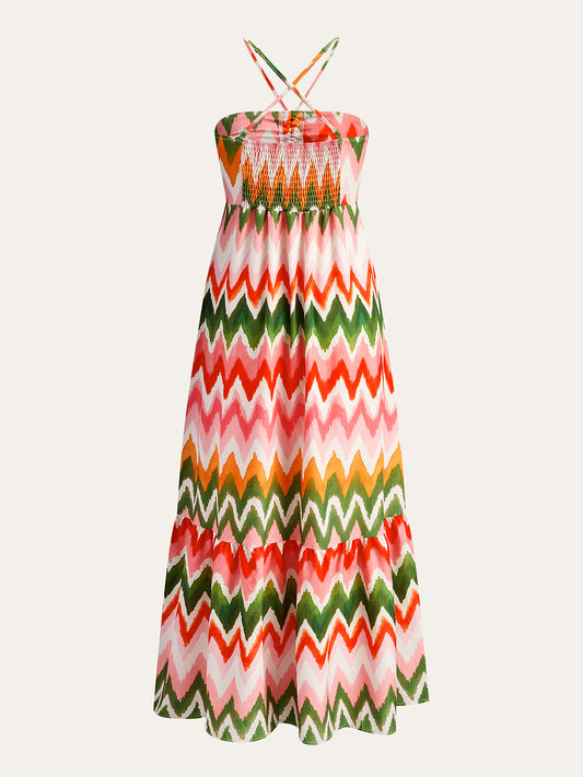 Zigzag Desenli ve Büzgülü Etkili Kayık Yaka Elbise