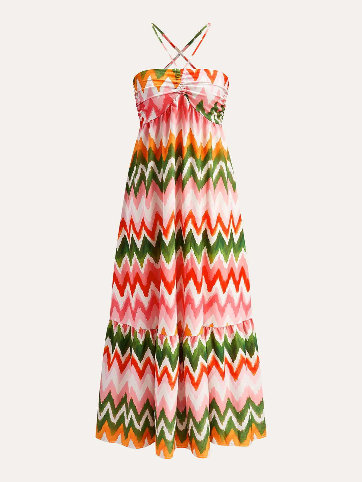 Zigzag Desenli Askılı Maxi Elbise Çok Renkli Büzgülü