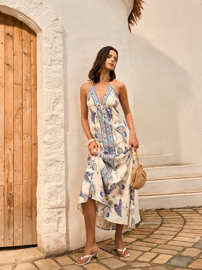 Şık Çiçek Desenli Dekoltesiz Halter Yaka Pantolonlu Elbise