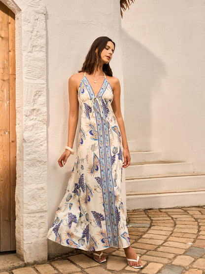 Şık Çiçek Desenli Dekoltesiz Halter Yaka Pantolonlu Elbise