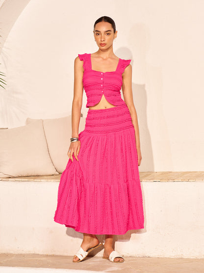 Şık Düğmeli Crop Top ve Uzun Etek Takımı