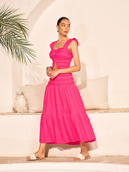 Şık Düğmeli Crop Top ve Uzun Etek Takımı