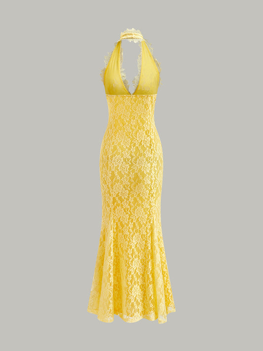 Şık Halter Yaka Çiçek Dantel Abiye Elbise Çarpıcı Bir Görünüm İçin