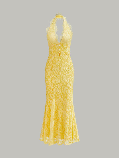 Şık Halter Yaka Çiçek Dantel Abiye Elbise Çarpıcı Bir Görünüm İçin