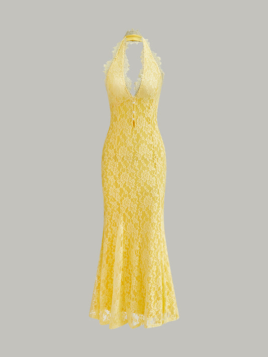 Şık Halter Yaka Çiçek Dantel Abiye Elbise Çarpıcı Bir Görünüm İçin