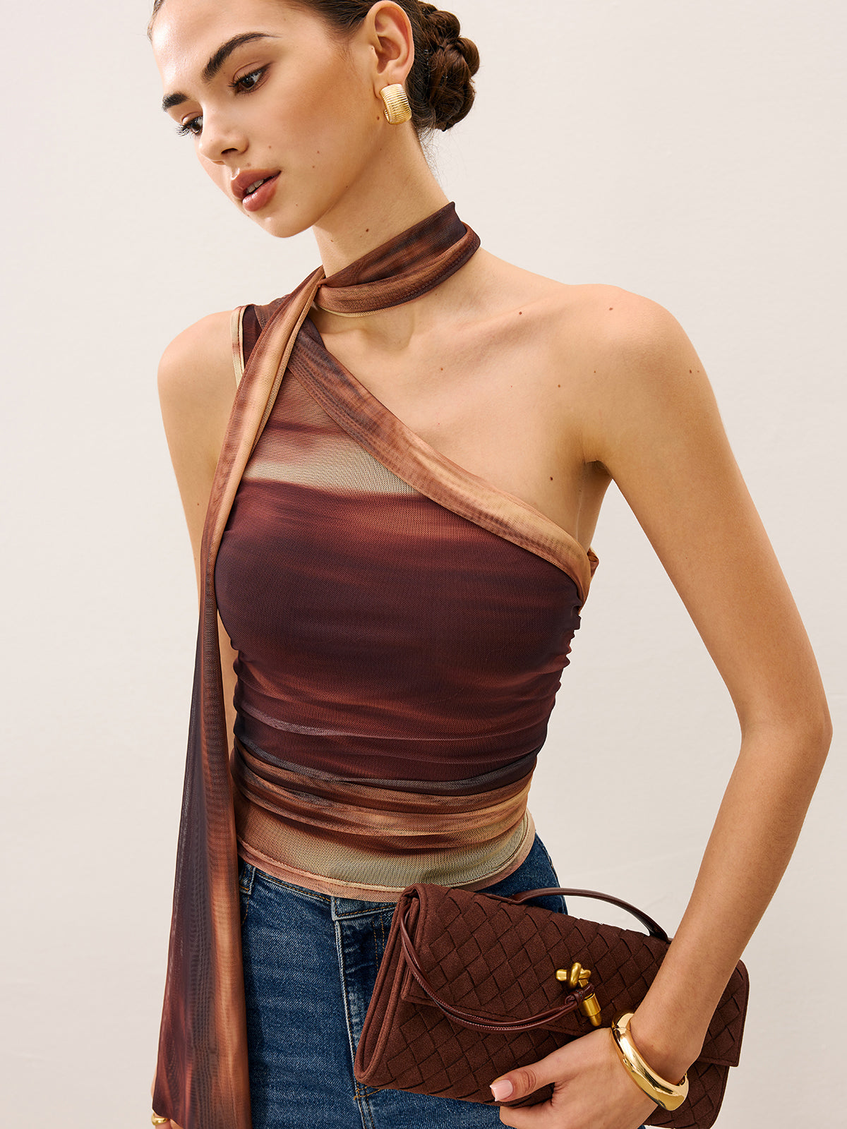 File Kumaş Kolsuz Üst Kahverengi Tek Omuz