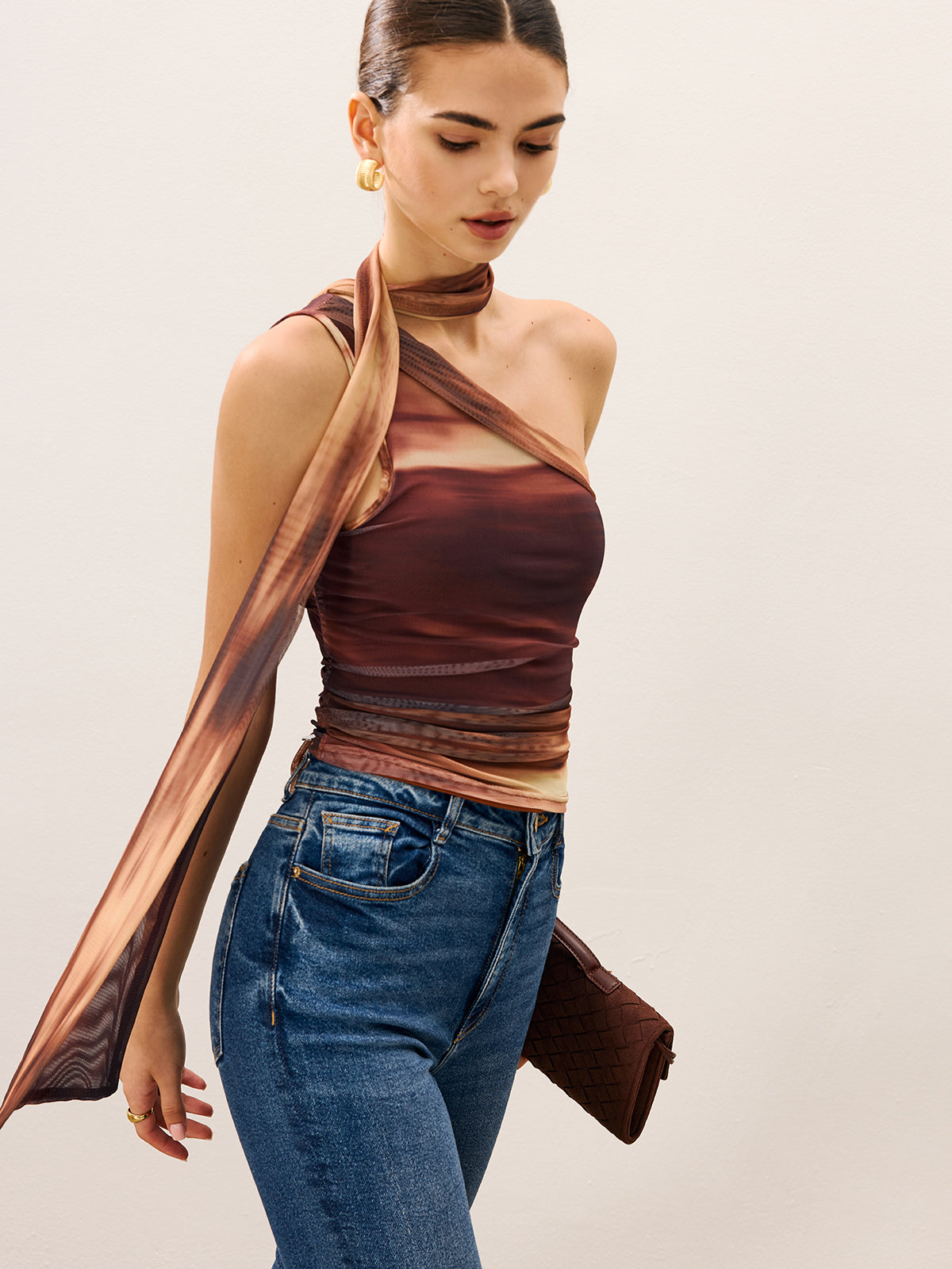 File Kumaş Kolsuz Üst Kahverengi Tek Omuz