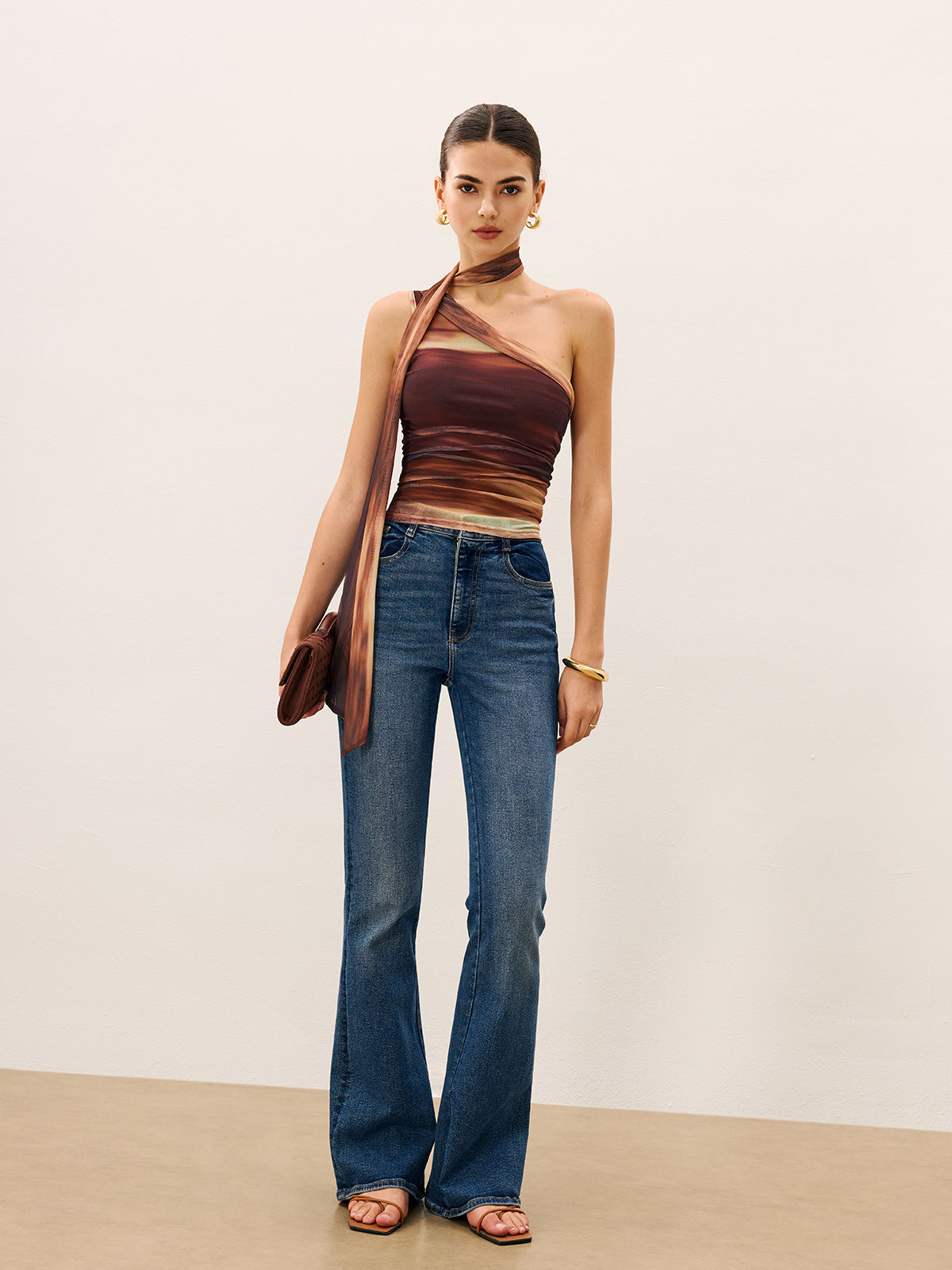 File Kumaş Kolsuz Üst Kahverengi Tek Omuz