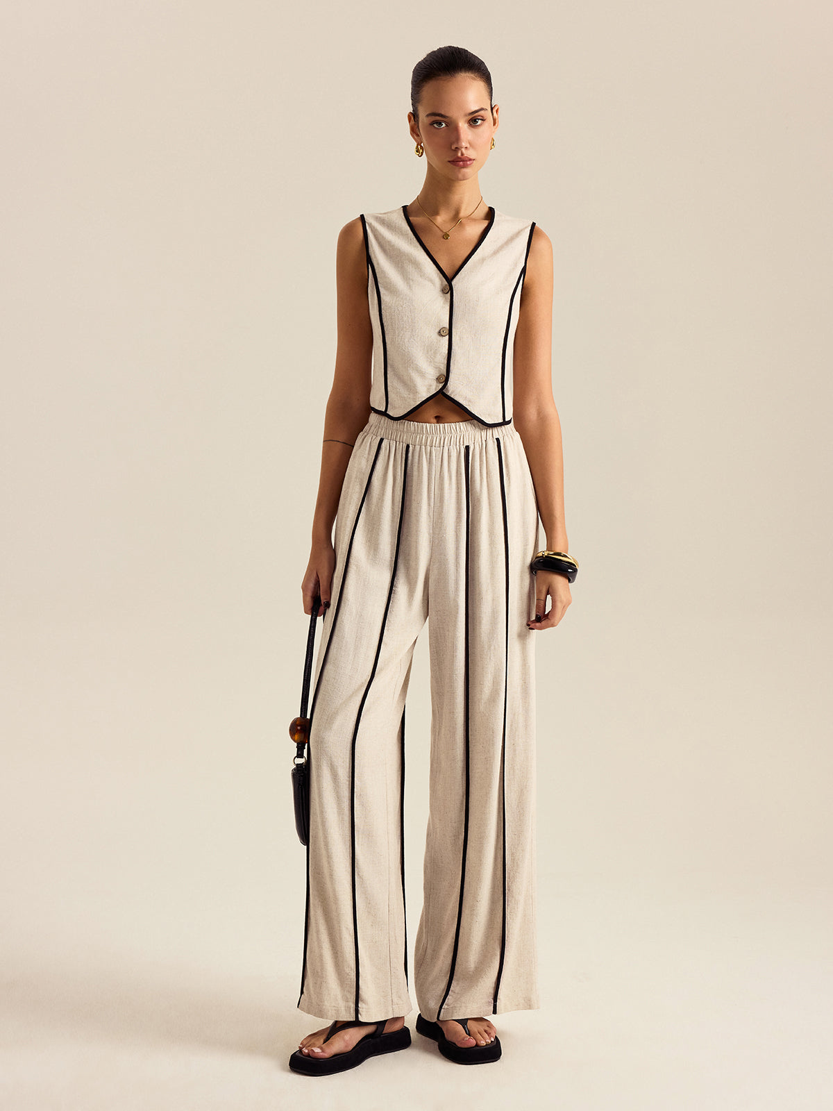 Desenli Keten Pamuk Pantolon Takımı Elastik Bel Kayısı