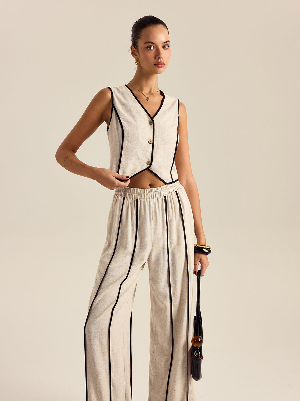 desenli keten ve pamuklu pantolon takımı, elastik beli