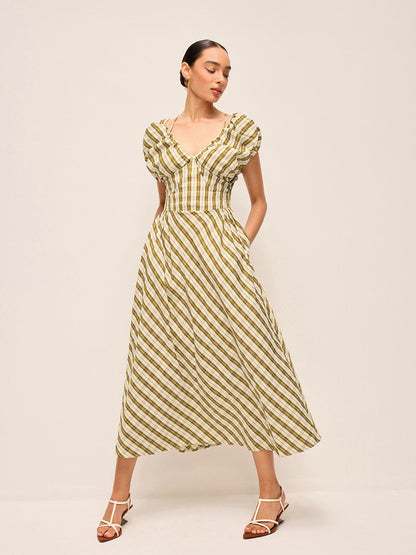 Kareli Elbise Kalp Yaka ve Balon Kollu, Bel Bağcıksız