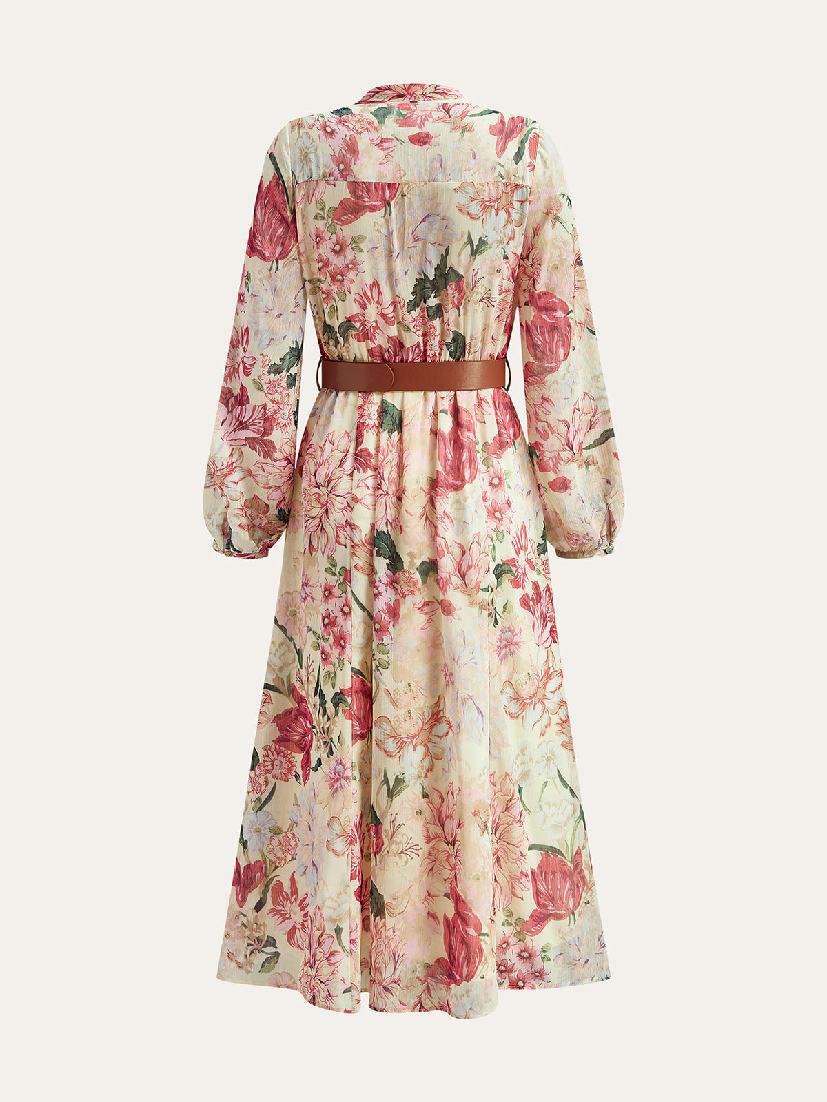 Şık Görünüm İçin Saten Çiçek Desenli Uzun Abiye Elbise Yaka Bağcıklı ve Kemerli