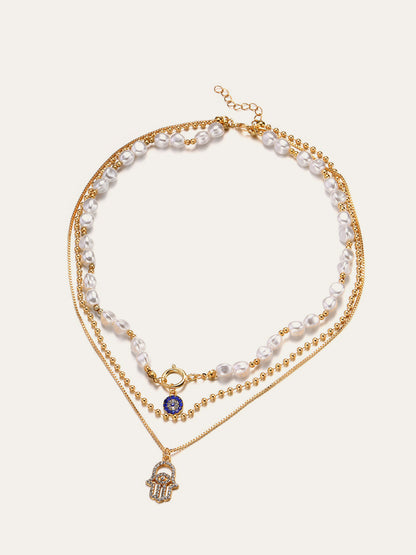 Şık Görünüm İçin İnci ve Hamsa El Desenli Çocuk Bezi Kolye Seti